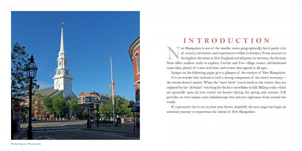 A white church with a tall steeple stands on a leafy historic town square, surrounded by red brick buildings under a blue sky. “New Hampshire” by Schiffer Publishing, Ltd. and scenic landscape text appear on the right side of the image.