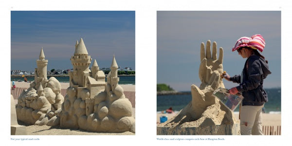 Two sand sculpture photos. Left: An elaborate sandcastle with towers and bubbles. Right: An artist shapes a large hand on the beach with ocean behind—perfect for any New Hampshire collection from Schiffer Publishing, Ltd.