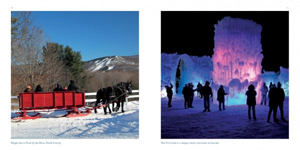 Left: People enjoy a horse-drawn sleigh ride through snowy New Hampshire countryside. Right: Silhouettes admire illuminated ice castles—perfect scenes captured in New Hampshire by Schiffer Publishing, Ltd.