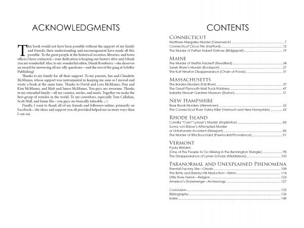 A two-page spread from "Unsolved New England" by Schiffer Publishing, Ltd.: the left page with Acknowledgments thanking family and friends, and the right page showing a contents list of unsolved mysteries, missing persons, and cold cases.