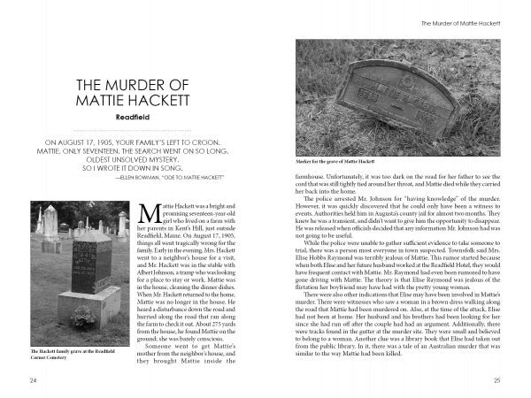 A black-and-white magazine spread in "Unsolved New England" by Schiffer Publishing, Ltd. tells Mattie Hackett's story, with her gravestone on the left page and details of her unsolved case on the right—one of New England’s many mysteries.