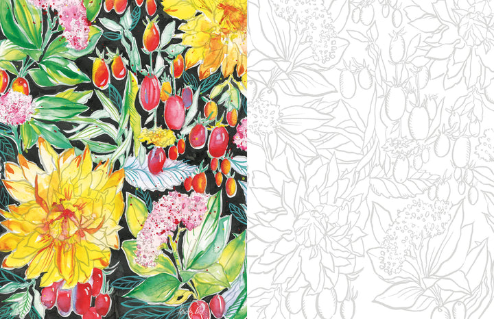 The Art for Joy’s Sake Journal by Schiffer Publishing, Ltd. features Kristy Rice’s watercolor of yellow flowers, green leaves, and red berries beside a black-and-white outline—perfect inspiration for your next watercolor journal entry.