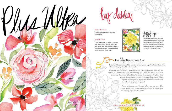 A vibrant watercolor floral from The Art for Joy’s Sake Journal by Schiffer Publishing, Ltd. appears on the left, while floral-accented text on the right shares the story behind the Big Dahlia art print’s joyful origins.