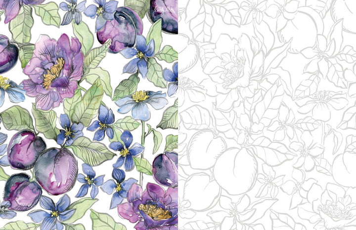 The Art for Joy’s Sake Journal by Schiffer Publishing, Ltd. features Kristy Rice-inspired watercolor florals in purple, blue, and green on the left, transitioning to grayscale outlines on the right—ideal for creative watercolor journaling.