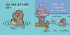 Cartoon from "Do Penguins Have Pediatricians?" by Schiffer Publishing, Ltd.: A sea otter wonders, "Do sea otters get sinusitis?" Next panel: Otter on a dock using tissue boxes, blowing its nose.