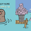 Cartoon from "Do Penguins Have Pediatricians?" by Schiffer Publishing, Ltd.: A sea otter wonders, "Do sea otters get sinusitis?" Next panel: Otter on a dock using tissue boxes, blowing its nose.