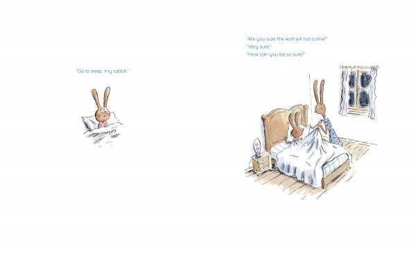 In "The Wolf Will Not Come" by Schiffer Publishing, Ltd., a small rabbit lies in bed under a blanket as an adult rabbit sits nearby, comforting the child and reassuring them through nighttime fears in this heartwarming picture book scene.