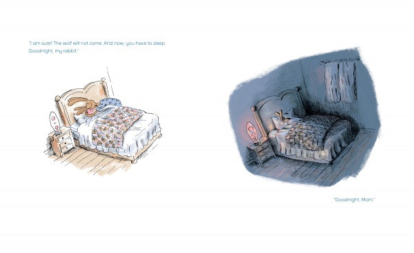 A child snuggles in bed with a toy rabbit beneath a patterned blanket in “The Wolf Will Not Come” by Schiffer Publishing, Ltd. Warm light fills the room as text reads: “Goodnight, my rabbit” and “Goodnight, Mom.” A soothing bedtime story.