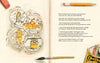 A spread from "The Bathysphere Boys" by Schiffer Publishing, Ltd. features drawings of vintage diving gear—helmet, suit, submersible, bathysphere—echoing William Beebe’s explorations, with art supplies and a diving poem on the right.
