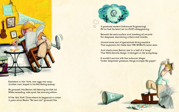 An illustrated scene shows a man eating eggs at a messy table while another waits anxiously, imagining deep-sea adventures inspired by "The Bathysphere Boys" from Schiffer Publishing, Ltd.