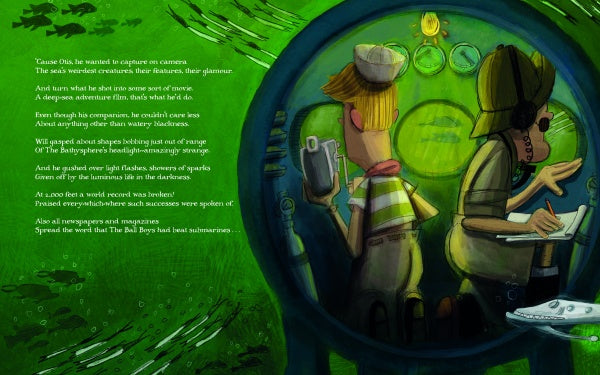 Two cartoon boys sit back-to-back in a green bathysphere window—one with a notepad, the other with headphones and a microphone. "The Bathysphere Boys" by Schiffer Publishing, Ltd. captures William Beebe’s deep-sea exploration spirit.