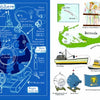 On the left, a labeled blueprint from The Bathysphere Boys (Schiffer Publishing, Ltd.) shows the Bathysphere used by William Beebe; on the right, illustrated maps of Bermuda, ships, explorers, and marine icons are displayed.