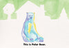 A watercolor illustration of Bipolar Bear in blue, yellow, and purple tones with green trees and houses in the background. Ideal for children's stories or mental health books. Text at bottom: "This is Polar Bear." By Schiffer Publishing, Ltd.