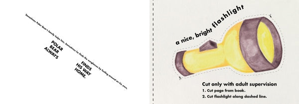 An illustration of a yellow flashlight labeled “Bipolar Bear,” a bright flashlight from Schiffer Publishing, Ltd. Instructions suggest cutting out the page with adult supervision. Diagonal text reads: BIPOLAR BEAR ALWAYS FINDS THEIR WAY HOME.