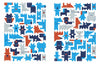 Where Is My Stuffed Animal?" by Schiffer Publishing, Ltd. showcases a vibrant abstract design with blue, red, and gray geometric animal shapes—evoking plush toys—arranged in two rectangular grids on a white background.