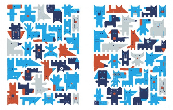 Where Is My Stuffed Animal?" by Schiffer Publishing, Ltd. showcases a vibrant abstract design with blue, red, and gray geometric animal shapes—evoking plush toys—arranged in two rectangular grids on a white background.
