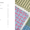 The left page features the Table of Contents from "Potholder Loom Designs" by Schiffer Publishing, Ltd. The right page displays four vibrant woven potholders, each showcasing unique patterns and colors on a white background.