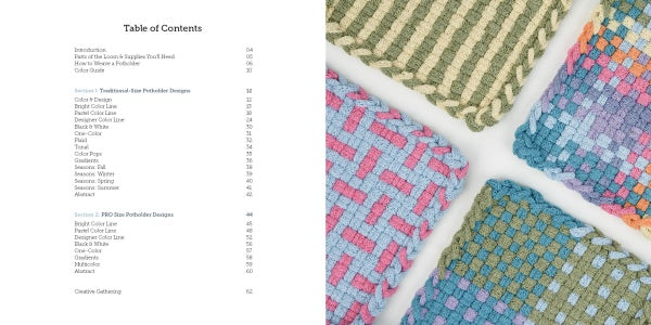 The left page features the Table of Contents from "Potholder Loom Designs" by Schiffer Publishing, Ltd. The right page displays four vibrant woven potholders, each showcasing unique patterns and colors on a white background.