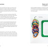A book spread features text introducing "Potholder Loom Designs" by Schiffer Publishing, Ltd. on the left, and displays colorful loops, a green loom, a hook, and weaving pattern instructions on the right against a white background.