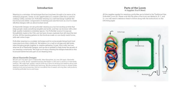 A book spread features text introducing "Potholder Loom Designs" by Schiffer Publishing, Ltd. on the left, and displays colorful loops, a green loom, a hook, and weaving pattern instructions on the right against a white background.