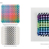 On the left page of "Potholder Loom Designs" by Schiffer Publishing, Ltd., five weaving grids with color names are shown. The right page features a woven square on a potholder loom in greens, blues, purples, and a black-and-white border.