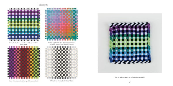 On the left page of "Potholder Loom Designs" by Schiffer Publishing, Ltd., five weaving grids with color names are shown. The right page features a woven square on a potholder loom in greens, blues, purples, and a black-and-white border.