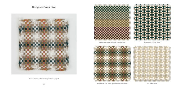On the left, "Potholder Loom Designs" by Schiffer Publishing, Ltd. features a central plaid earth-toned swatch; four smaller swatches on the right show brown, green, tan, and white in classic potholder weaving styles.