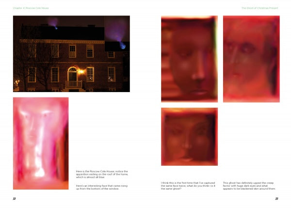 On the left is a nighttime photo of a brick house lit by purple-blue, captured by Tim Scullion for "Haunted Historic Colonial Williamsburg, Virginia" (Schiffer Publishing, Ltd.), with four red ghostly faces and captions on the right.