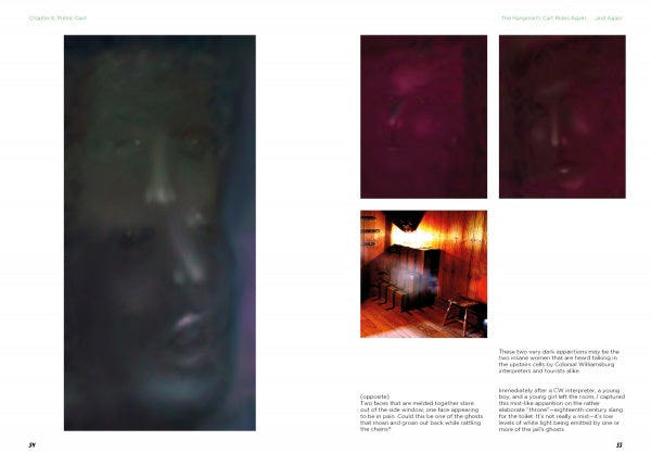 A two-page spread from "Haunted Historic Colonial Williamsburg, Virginia" by Schiffer Publishing, Ltd. showcases abstract dark faces left and top right, with warmly-lit ghost photos bottom right. White text complements the paranormal imagery.