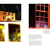 A page from "Haunted Historic Colonial Williamsburg, Virginia" by Schiffer Publishing, Ltd. features eerie, blurred ghost photos by Tim Scullion, including a close-up of a window with a mysterious blue glow, with text surrounding the images.