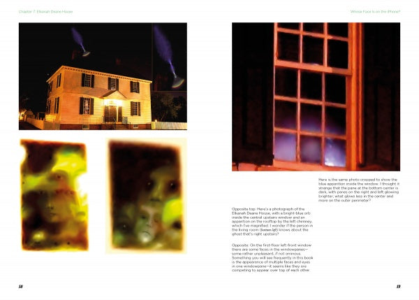 A page from "Haunted Historic Colonial Williamsburg, Virginia" by Schiffer Publishing, Ltd. features eerie, blurred ghost photos by Tim Scullion, including a close-up of a window with a mysterious blue glow, with text surrounding the images.