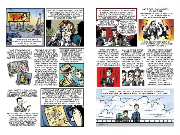 Marvin by Schiffer Publishing, Ltd. is a vibrant comic strip graphic novel about a musician’s life—narrating creative struggles, film and TV work, collaborations, and musical moments, with expressive cityscapes like a Marvin Hamlisch biography.