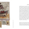 A book spread from "Deeds Not Words" by Schiffer Publishing, Ltd. features embroidered art of a woman in a boat with "AROLUTES FEMALES," stamps below, and Jill Kertula’s text on Hillary Clinton’s 2016 campaign.