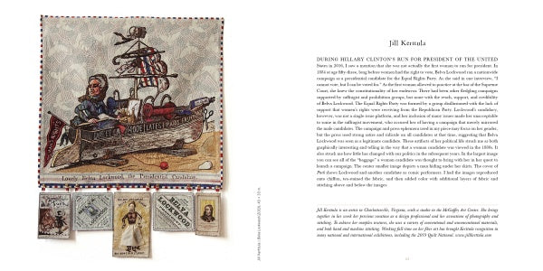 A book spread from "Deeds Not Words" by Schiffer Publishing, Ltd. features embroidered art of a woman in a boat with "AROLUTES FEMALES," stamps below, and Jill Kertula’s text on Hillary Clinton’s 2016 campaign.