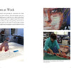 A two-page spread in Deeds Not Words by Schiffer Publishing, Ltd. shows artists making contemporary art quilts, with three photos on the right highlighting close-ups of drawing lines, measuring, and working on colorful fabric portraits.