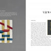 A woven textile sample with white, blue, red, and yellow threads appears next to text defining tapestry. On the right is Schiffer Publishing's "Anatomy of a Tapestry" book spread with an introduction and pull quote.