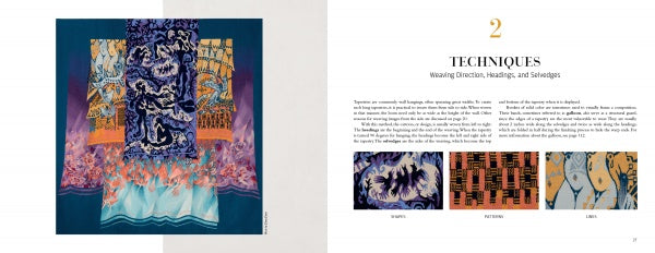 A book spread from *Anatomy of a Tapestry* by Schiffer Publishing, Ltd. shows a vivid abstract textile on the left and, on the right, "TECHNIQUES: Weaving Direction, Headings, and Selvages" with text and four labeled fabric detail images.