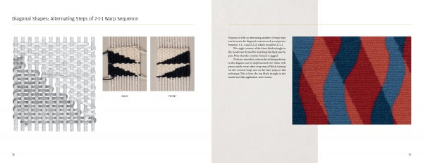A spread from "Anatomy of a Tapestry" by Schiffer Publishing, Ltd. shows close-up woven patterns in black, white, and beige on the left page, and a larger tapestry with red, blue, and navy diagonal shapes on the right.