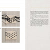 In "Anatomy of a Tapestry" by Schiffer Publishing, Ltd., a book spread presents step-by-step dot pattern weaving with diagrams and photos on the left, while embroidered fish in two tins appear on a green and yellow background on the right.