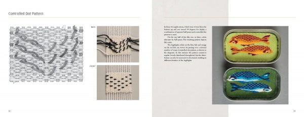 In "Anatomy of a Tapestry" by Schiffer Publishing, Ltd., a book spread presents step-by-step dot pattern weaving with diagrams and photos on the left, while embroidered fish in two tins appear on a green and yellow background on the right.