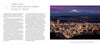 A two-page spread from "Oregon" by Schiffer Publishing, Ltd. features text on Portland, Columbia River Gorge, and Mt. Hood opposite a large photo of Portland’s city lights at dusk with snow-capped Mount Hood in the background.