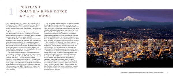 A two-page spread from "Oregon" by Schiffer Publishing, Ltd. features text on Portland, Columbia River Gorge, and Mt. Hood opposite a large photo of Portland’s city lights at dusk with snow-capped Mount Hood in the background.