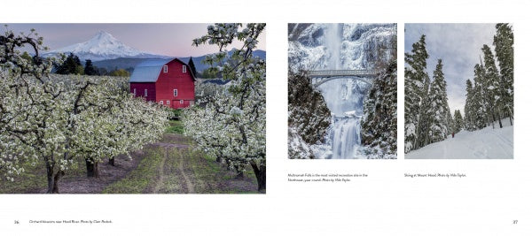 Discover “Oregon” by Schiffer Publishing, Ltd.—fine-art photos capturing red barns, blooming orchards, snow-capped peaks, tall waterfalls under bridges, and the natural beauty of Oregon travel and photography.