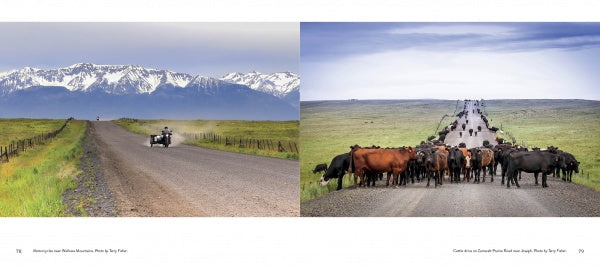 A split image from "Oregon" by Schiffer Publishing, Ltd.: Left, a motorcyclist and sidecar head toward snowy peaks; right, cattle block a rural road—fine-art photos reflecting Oregon’s adventurous travel spirit.