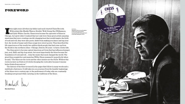 A black-and-white photo of a man in a suit writing at a desk appears with a record label image and a Foreword page, showcasing "The Blues" by Schiffer Publishing, Ltd.—a tribute to blues artists and the genre's rich illustrated history.
