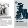 A magazine spread from Schiffer Publishing, Ltd.'s "The Blues" features a black-and-white crowd scene and an illustrated blue portrait of blues legend John Lee Hooker, complete with text and profile details about him.