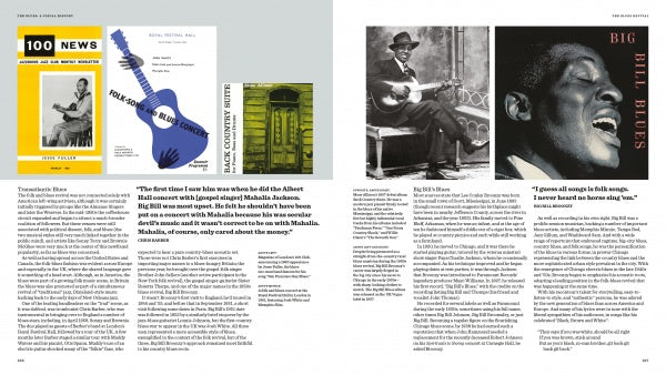 A magazine spread from Schiffer Publishing, Ltd.'s "The Blues" features blues music text, images of a news magazine, a guitar, green door, man playing guitar, and portrait titled Big Bill Blues, illustrating the history of blues.