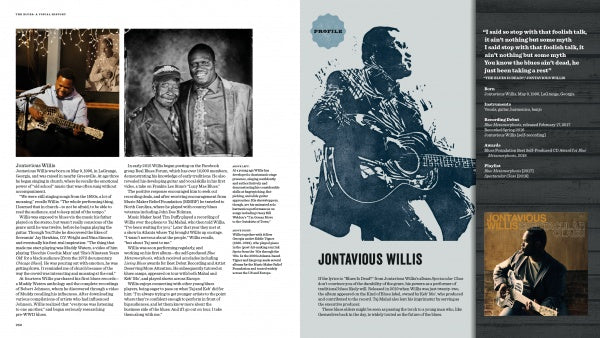A magazine spread for "The Blues" by Schiffer Publishing, Ltd. features photos and info on Jontavious Willis, including shots of him performing, posing with another artist, a portrait graphic, and text on his life and blues legacy.
