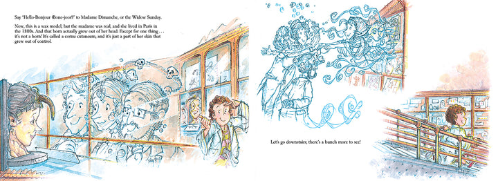 At The Mütter Museum, a boy imagines 1800s Paris—artists, lively scenes—amid exhibits. Excited, he points to the staircase, hinting that science lovers have more to explore. Published by Schiffer Publishing, Ltd.