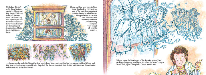 An illustrated children’s book spread shows conjoined twins performing and exploring daily life, while a curious child dreams of visiting The Mütter Museum by Schiffer Publishing, Ltd., a whimsical destination for science lovers.